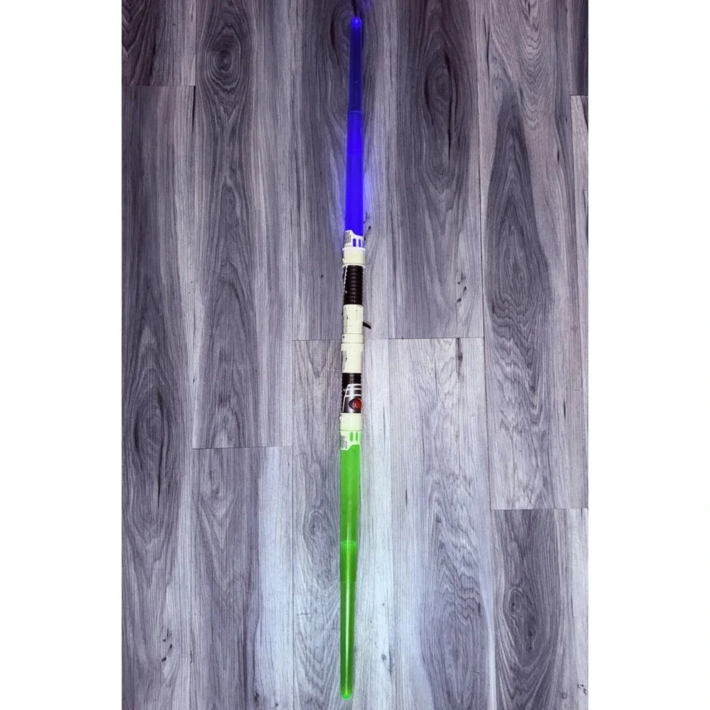 Star Wars Double Bladed Light Saber 2009 Green Blue WORKS LFL Hasbro Sounds/Ligh